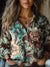 Women’s Turquoise Vintage Ethnic Flower Print Casual Long Sleeve Comfortable Cotton Shirt