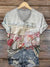 Women’s Vintage Heart Art Print V-neck Casual T-Shirt Multicolor / S
